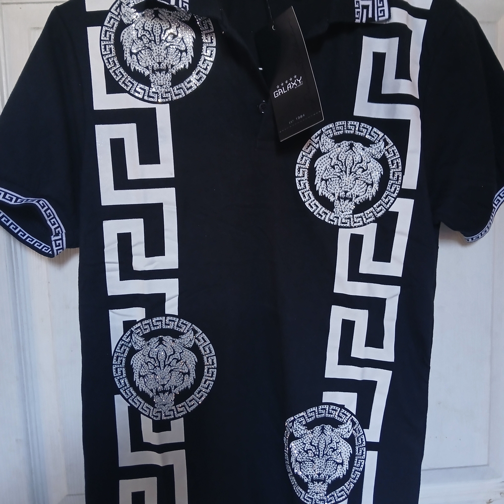 Galaxy By Harvic Black and White Patterned GREEK bling Men's Polo Shirt